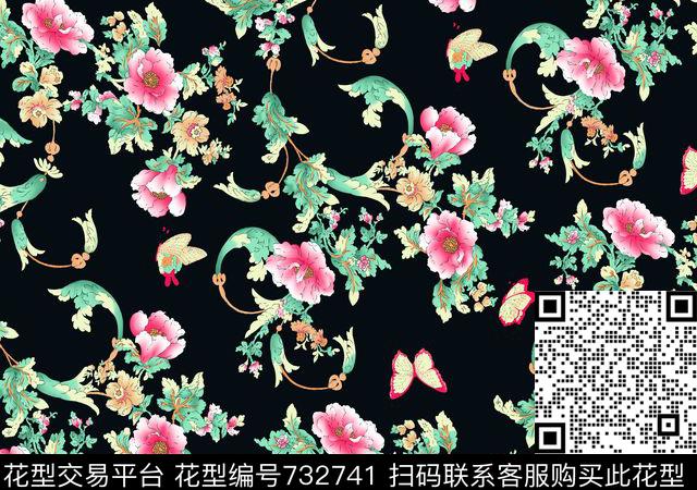 乱花花卉蝴蝶数码印花华亿平台下载（图片编号: 732741） - 瓦栏（Walan）