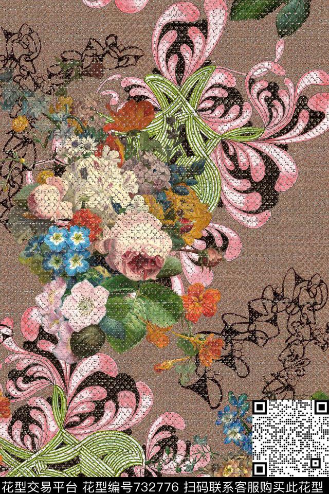 时尚手绘花卉数码印花华亿平台下载（图片编号: 732776） - 瓦栏（Walan）