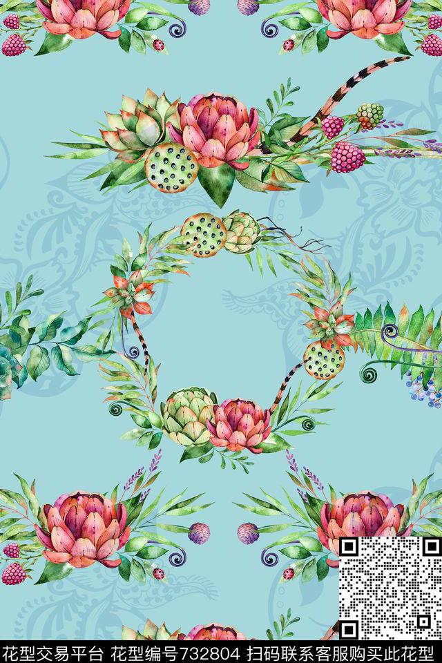 手绘花卉花鸟植物数码印花华亿平台下载（图片编号: 732804） - 瓦栏（Walan）