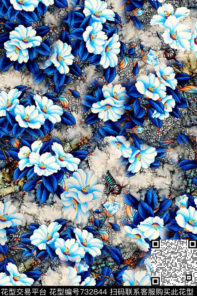 中国风玉兰花花卉数码印花华亿平台下载（图片编号: 732844） - 瓦栏（Walan）