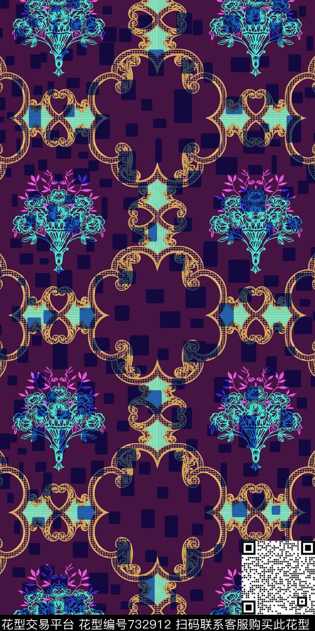 复古花卉几何传统印花华亿平台下载（图片编号: 732912） - 瓦栏（Walan）