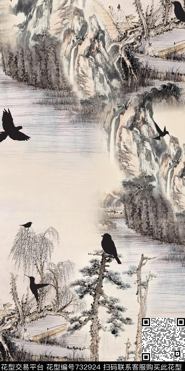 风景水墨鸟数码印花华亿平台下载（图片编号: 732924） - 瓦栏（Walan）