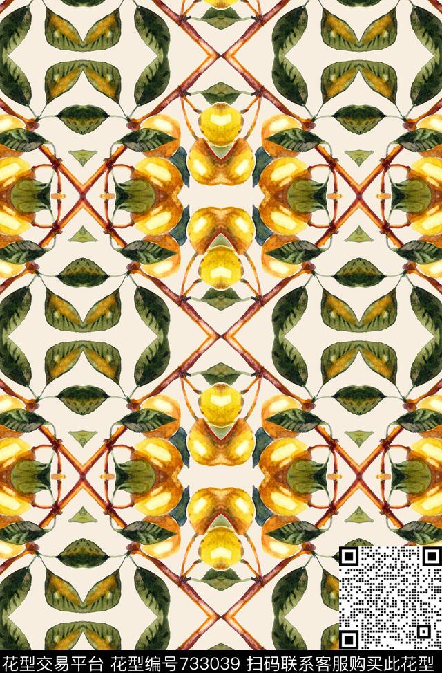 对称花卉水墨数码印花华亿平台下载（图片编号: 733039） - 瓦栏（Walan）