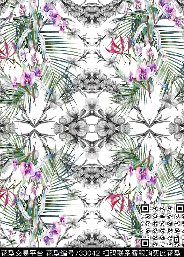 手绘黑白热带数码印花华亿平台下载（图片编号: 733042） - 瓦栏（Walan）