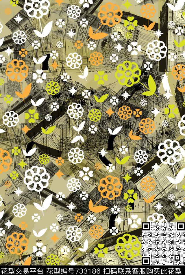 乱花造型颠乱建筑数码印花华亿平台下载（图片编号: 733186） - 瓦栏（Walan）