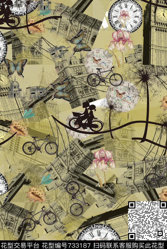 大本钟建筑蝴蝶数码印花华亿平台下载（图片编号: 733187） - 瓦栏（Walan）