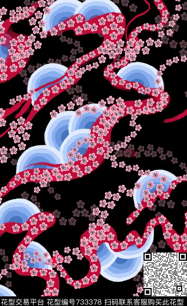 日本花复古花卉亚洲风樱花传统印花华亿平台下载（图片编号: 733378） - 瓦栏（Walan）