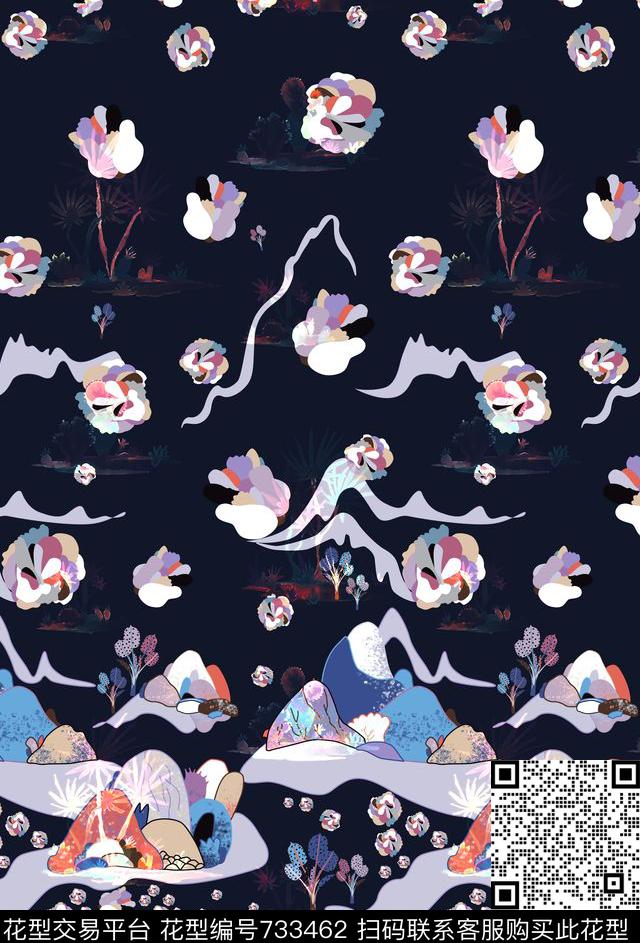 抽象风景山脉数码印花华亿平台下载（图片编号: 733462） - 瓦栏（Walan）