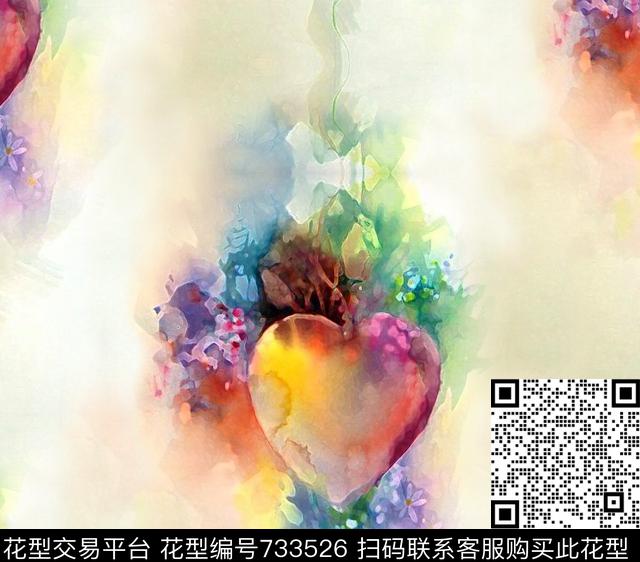 抽象水彩欧式彩色爱心数码印花华亿平台下载（图片编号: 733526） - 瓦栏（Walan）
