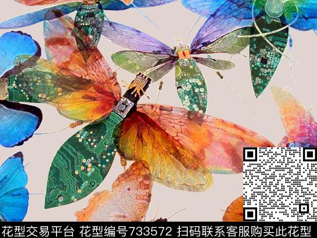 水彩花欧式水彩蜻蜓数码印花华亿平台下载（图片编号: 733572） - 瓦栏（Walan）