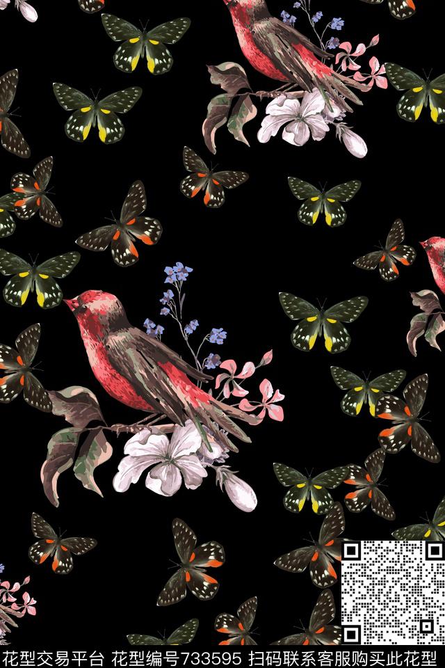 花鸟蝴蝶趣味数码印花华亿平台下载（图片编号: 733595） - 瓦栏（Walan）