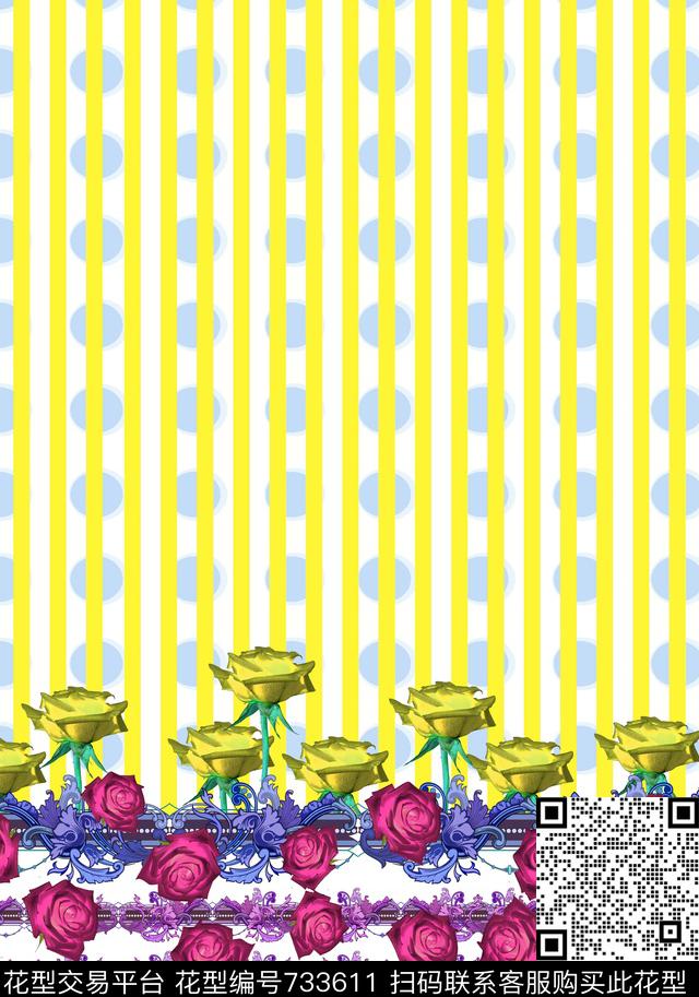 条纹波点花卉数码印花华亿平台下载（图片编号: 733611） - 瓦栏（Walan）