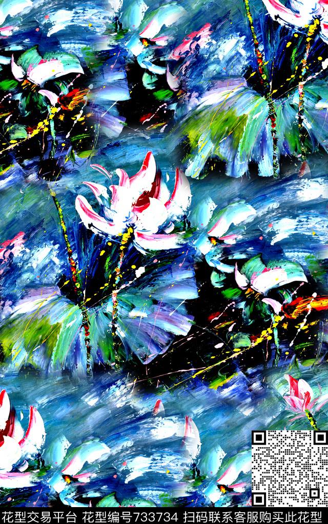 抽象手绘油画荷花数码印花时尚了女装裙子印花高清彩绘纹理中国风印花数码印花华亿平台下载（图片编号: 733734） - 瓦栏（Walan）