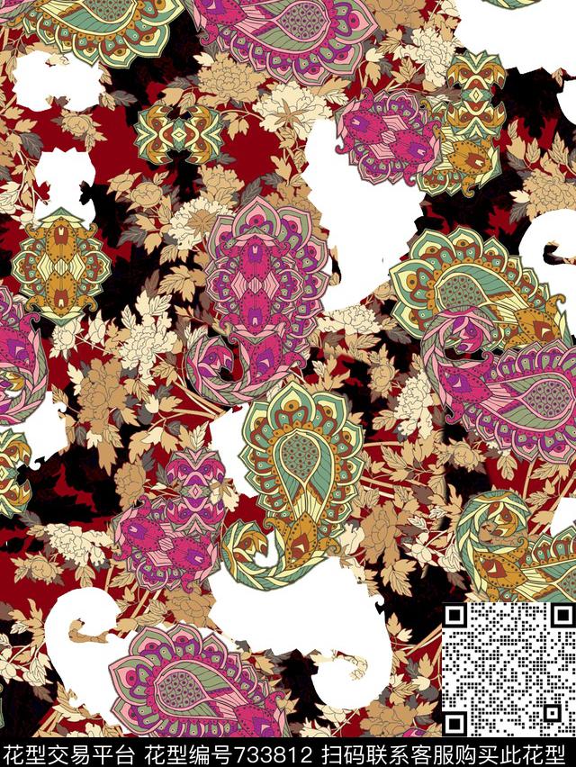 花卉腰果佩兹利纹样数码印花华亿平台下载（图片编号: 733812） - 瓦栏（Walan）