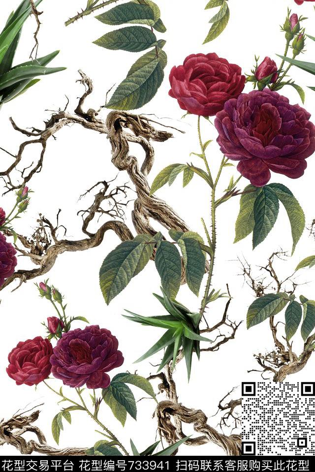 手绘玫瑰花卉数码印花华亿平台下载（图片编号: 733941） - 瓦栏（Walan）