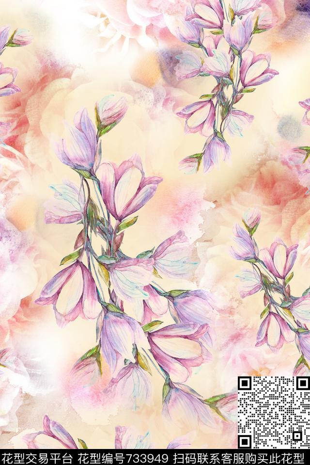 手绘花卉水彩数码印花华亿平台下载（图片编号: 733949） - 瓦栏（Walan）