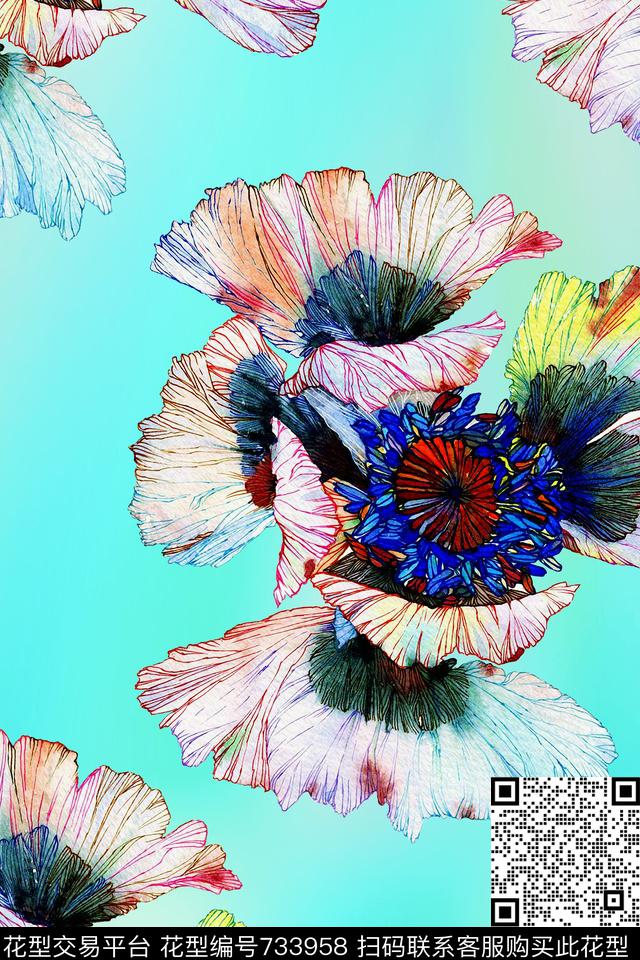 数码印花手绘花朵大花数码印花华亿平台下载（图片编号: 733958） - 瓦栏（Walan）