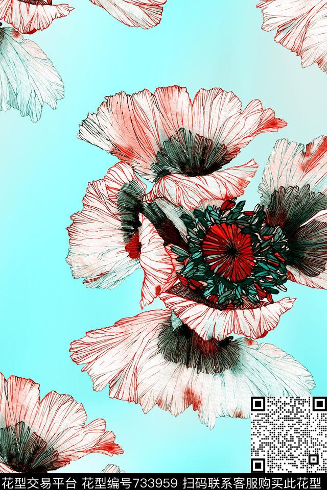 数码印花手绘花朵大花数码印花华亿平台下载（图片编号: 733959） - 瓦栏（Walan）