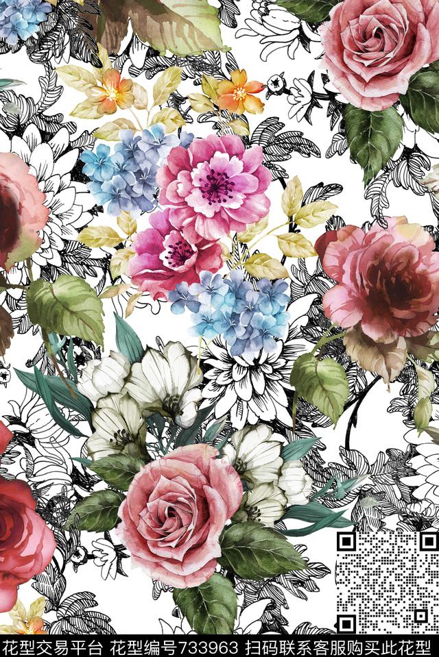 手绘线描花卉数码印花华亿平台下载（图片编号: 733963） - 瓦栏（Walan）