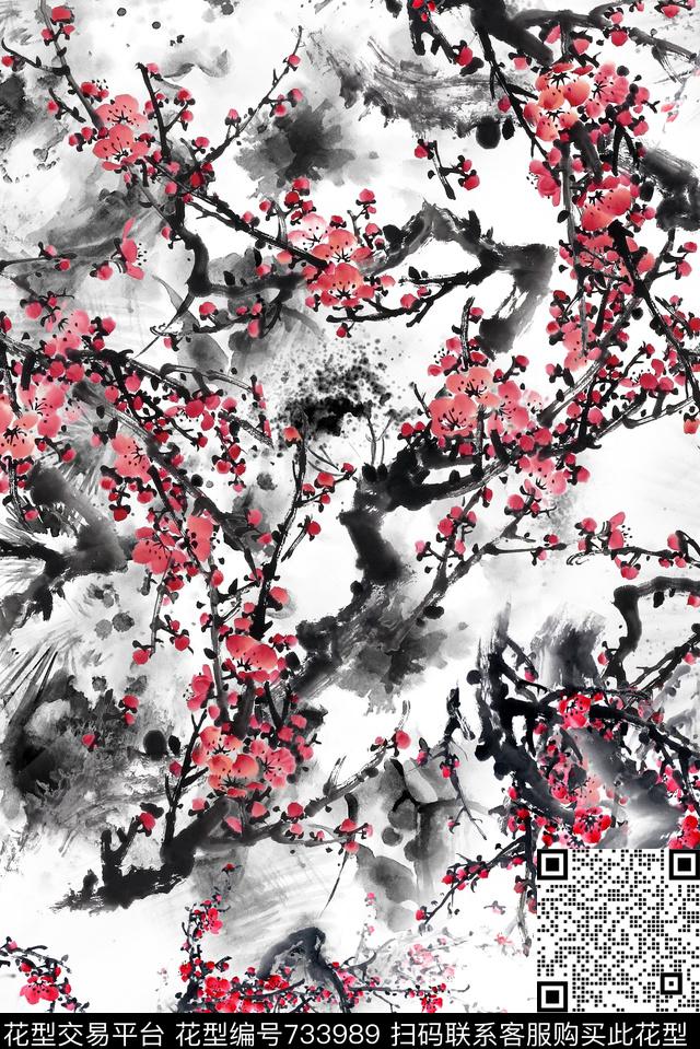 水墨桃花中国风数码印花华亿平台下载（图片编号: 733989） - 瓦栏（Walan）