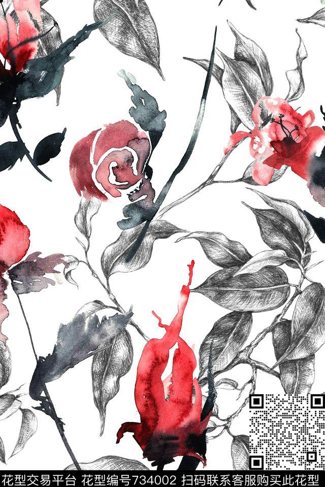 手绘线描叶子数码印花华亿平台下载（图片编号: 734002） - 瓦栏（Walan）