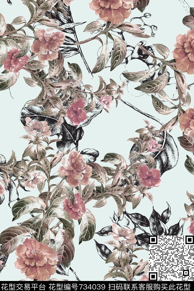 手绘花卉线描数码印花华亿平台下载（图片编号: 734039） - 瓦栏（Walan）