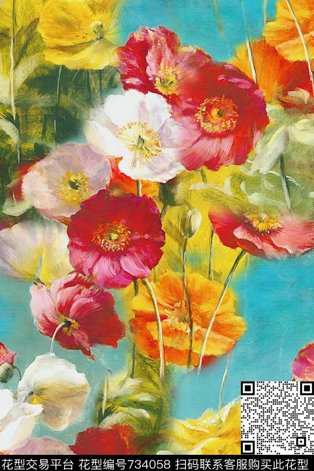 大花花卉花朵数码印花华亿平台下载（图片编号: 734058） - 瓦栏（Walan）