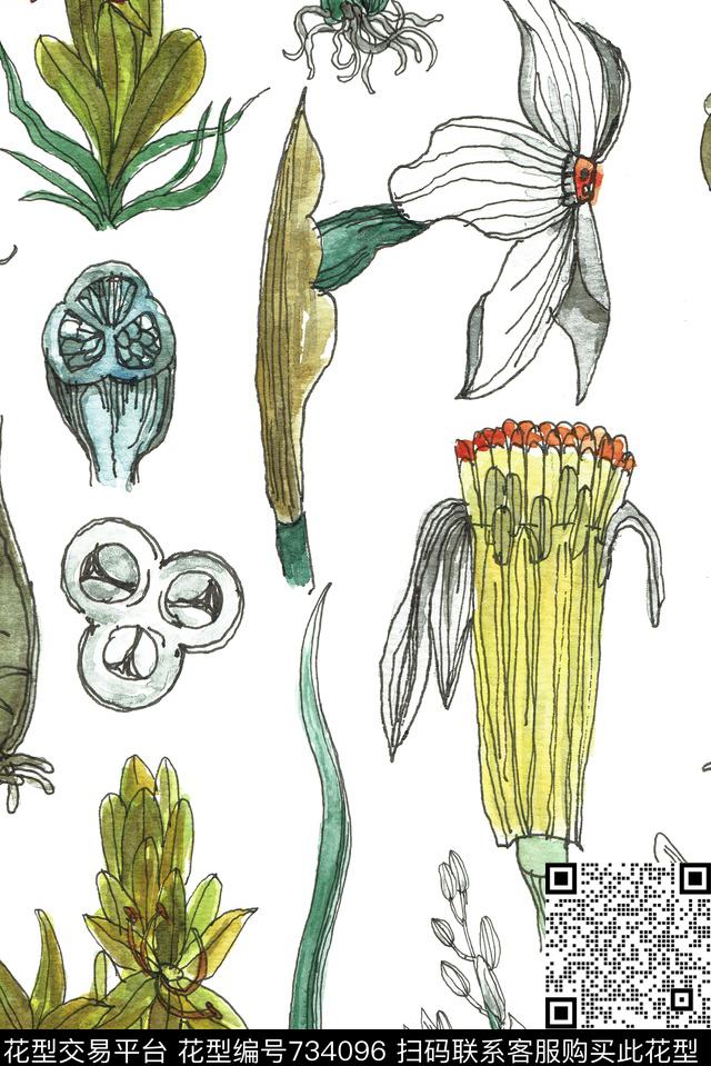 手绘花卉花草数码印花华亿平台下载（图片编号: 734096） - 瓦栏（Walan）