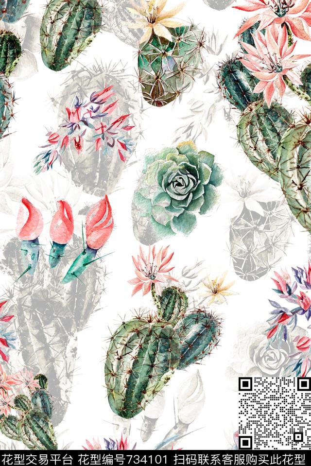 手绘仙人掌多肉数码印花华亿平台下载（图片编号: 734101） - 瓦栏（Walan）