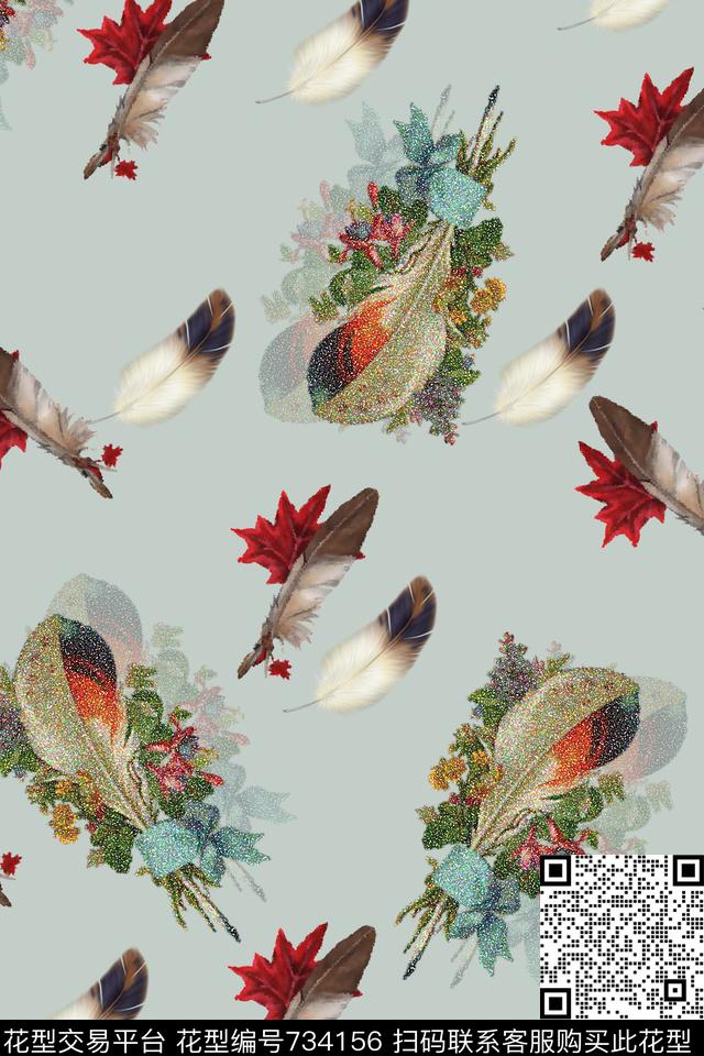 花鸟动物羽毛数码印花华亿平台下载（图片编号: 734156） - 瓦栏（Walan）