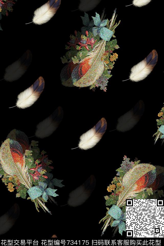 羽毛民族风手绘数码印花华亿平台下载（图片编号: 734175） - 瓦栏（Walan）