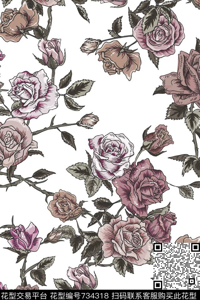 乱花花朵花卉传统印花华亿平台下载（图片编号: 734318） - 瓦栏（Walan）