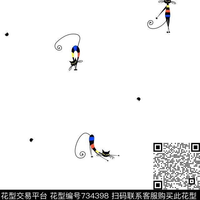 卡通喵星人多彩传统印花华亿平台下载（图片编号: 734398） - 瓦栏（Walan）