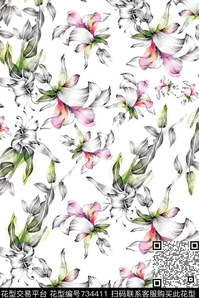 手绘线描黑白数码印花华亿平台下载（图片编号: 734411） - 瓦栏（Walan）
