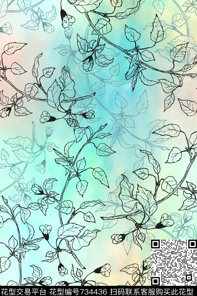 线条花卉黑白花幻彩数码印花华亿平台下载（图片编号: 734436） - 瓦栏（Walan）