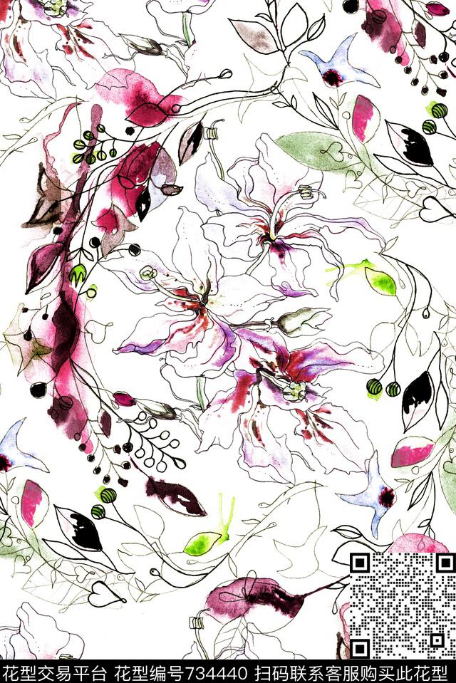 手绘花卉水彩数码印花华亿平台下载（图片编号: 734440） - 瓦栏（Walan）