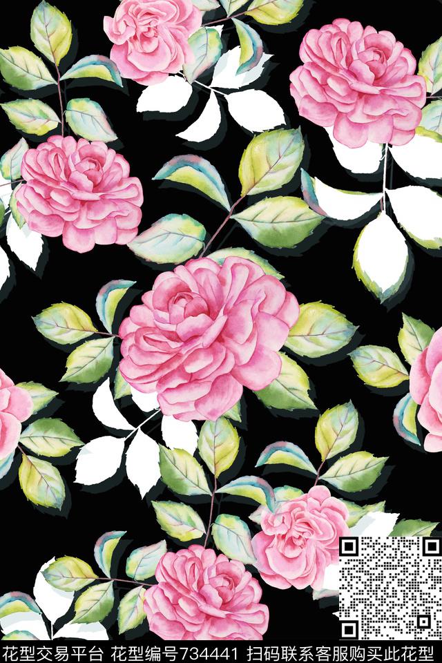 大花花卉玫瑰花花鸟数码印花华亿平台下载（图片编号: 734441） - 瓦栏（Walan）