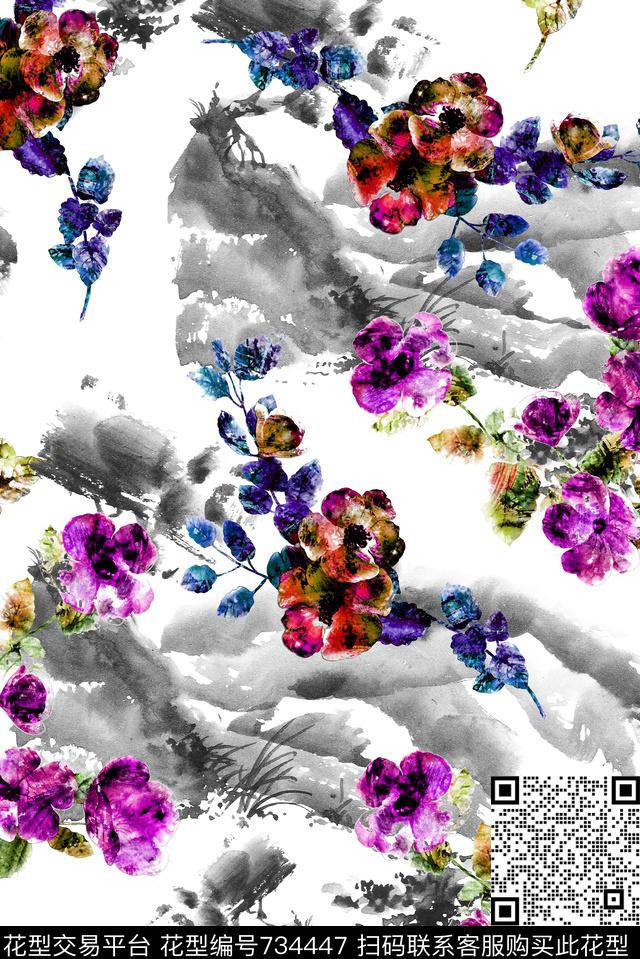 水墨山水泼墨数码印花华亿平台下载（图片编号: 734447） - 瓦栏（Walan）