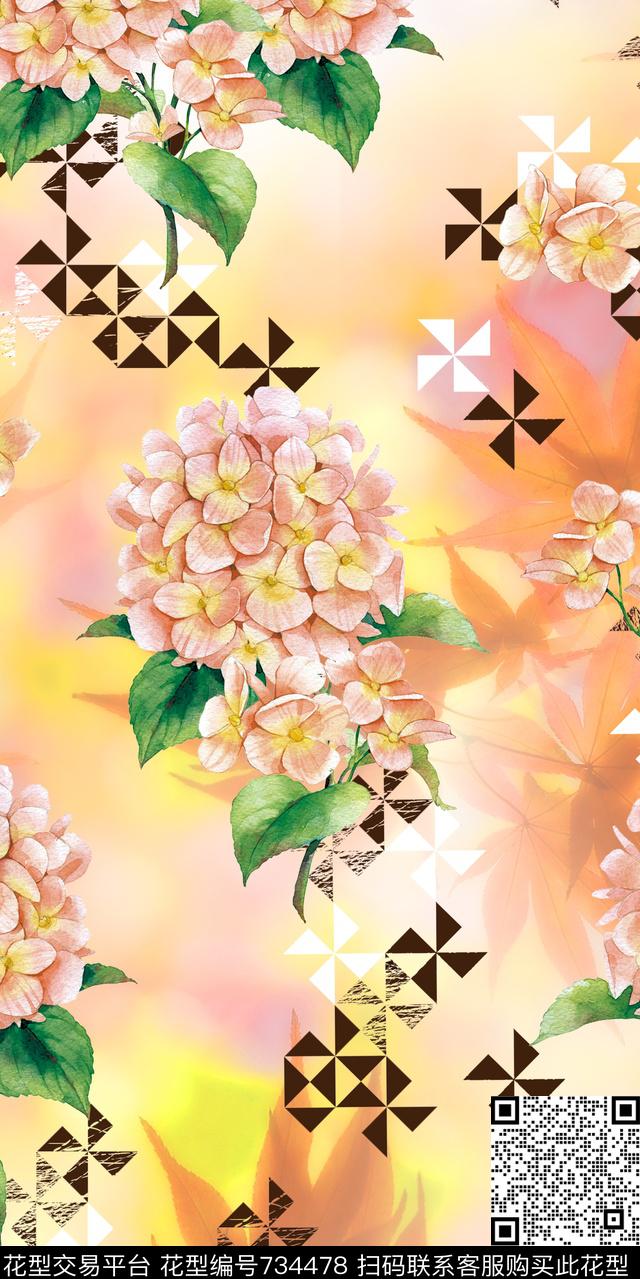 几何三角形花卉数码印花华亿平台下载（图片编号: 734478） - 瓦栏（Walan）