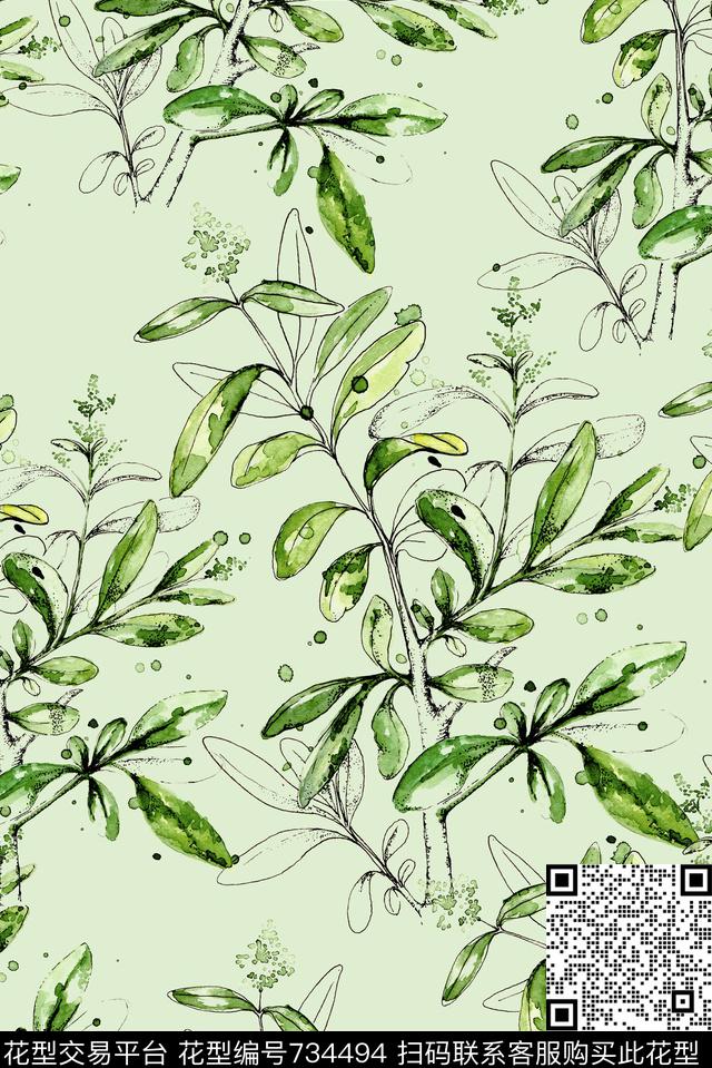 手绘花卉树枝数码印花华亿平台下载（图片编号: 734494） - 瓦栏（Walan）