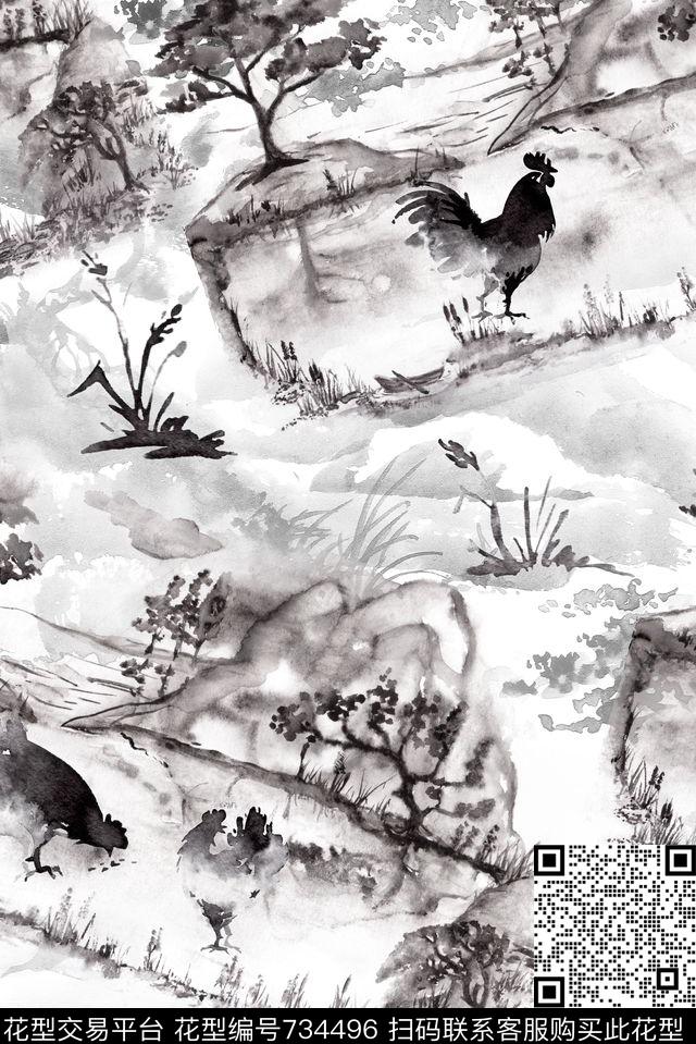 水墨鸡年手绘鸡数码印花华亿平台下载（图片编号: 734496） - 瓦栏（Walan）