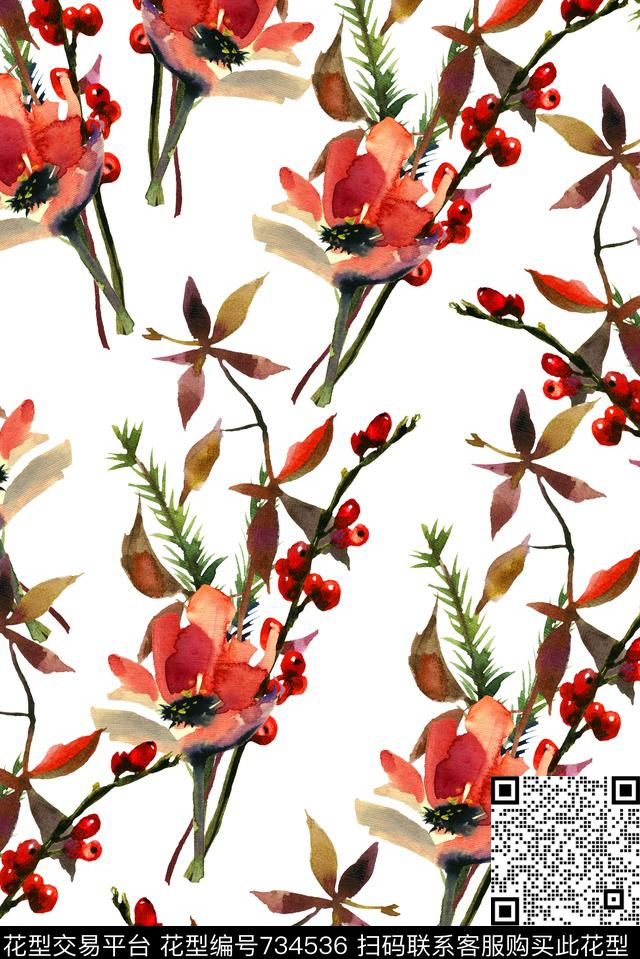 手绘花卉枫叶数码印花华亿平台下载（图片编号: 734536） - 瓦栏（Walan）