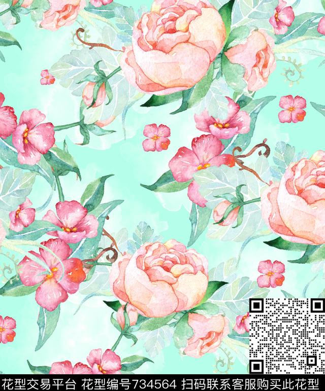 抽象清新花卉数码印花华亿平台下载（图片编号: 734564） - 瓦栏（Walan）