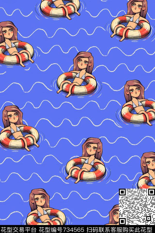 流行时尚几何波浪线数码印花华亿平台下载（图片编号: 734565） - 瓦栏（Walan）