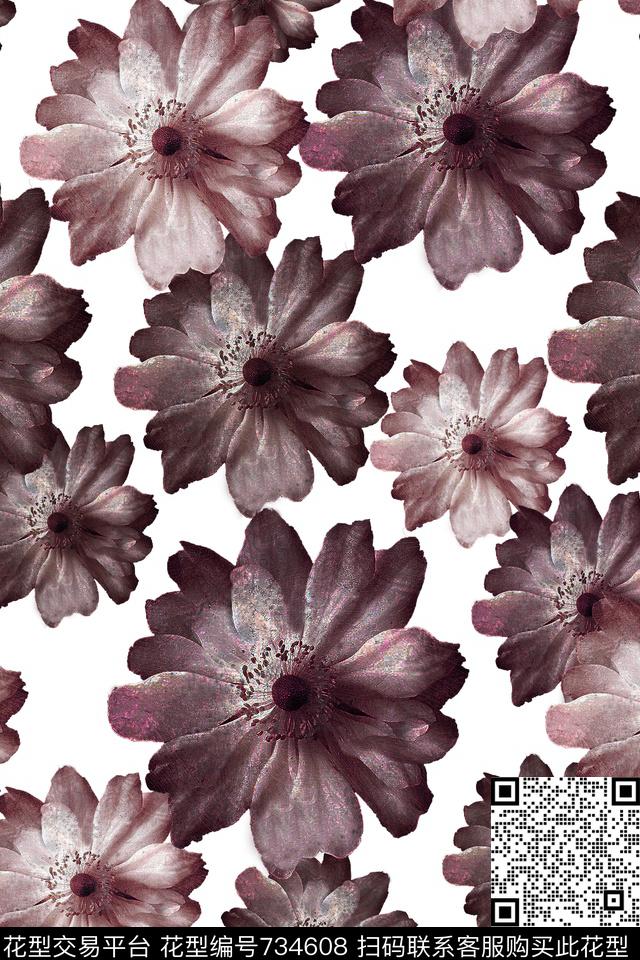大花花朵花卉数码印花华亿平台下载（图片编号: 734608） - 瓦栏（Walan）