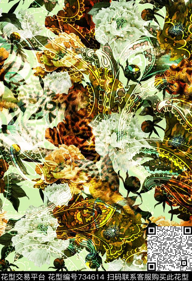 花瓣蛇纹花朵数码印花华亿平台下载（图片编号: 734614） - 瓦栏（Walan）