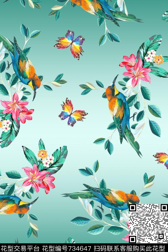小鸟花卉蝴蝶数码印花华亿平台下载（图片编号: 734647） - 瓦栏（Walan）