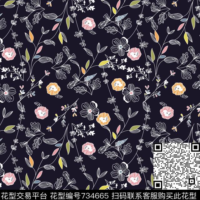 花卉小碎花手绘花卉传统印花华亿平台下载（图片编号: 734665） - 瓦栏（Walan）