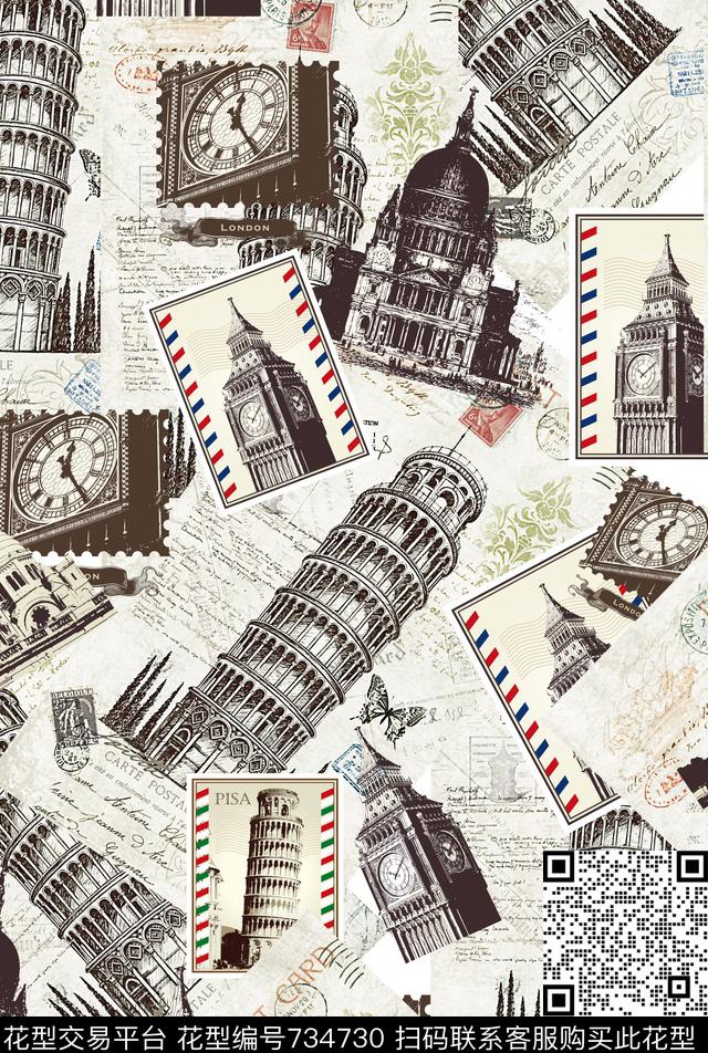钟表铁塔大悲咒数码印花华亿平台下载（图片编号: 734730） - 瓦栏（Walan）