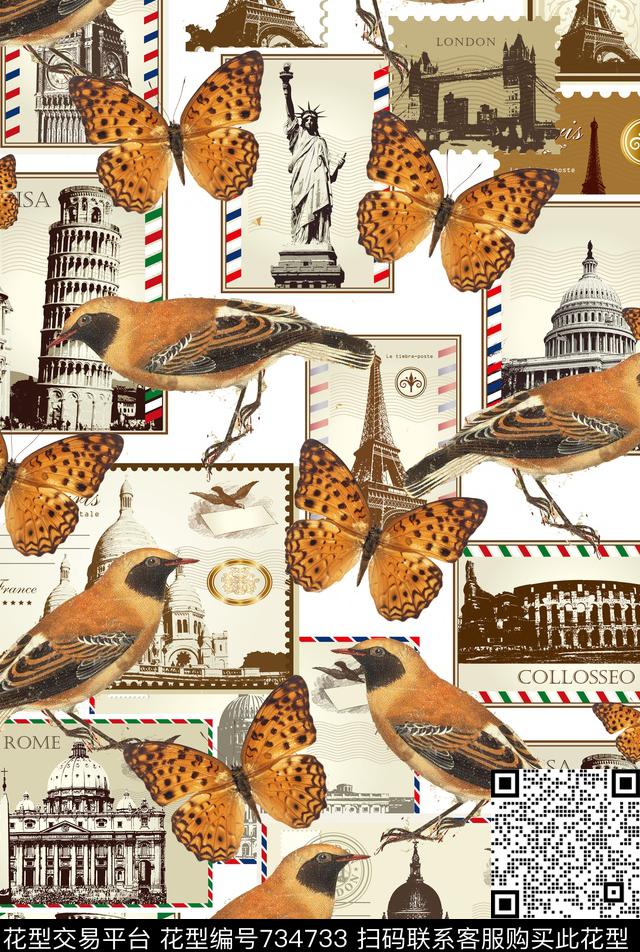 蝴蝶鸟自由女神像数码印花华亿平台下载（图片编号: 734733） - 瓦栏（Walan）